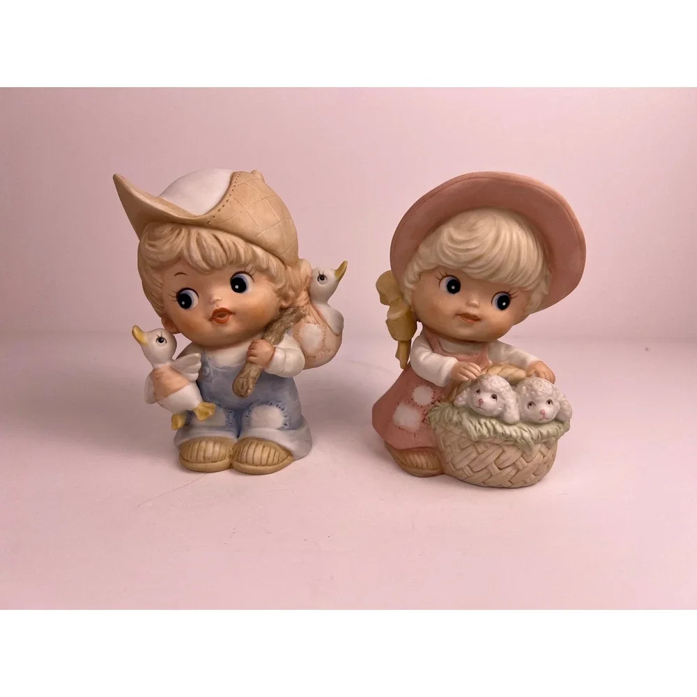 Vintage Homco Boy &‎ Girl Figurines 1418 with Lamb Sheep Ducks
